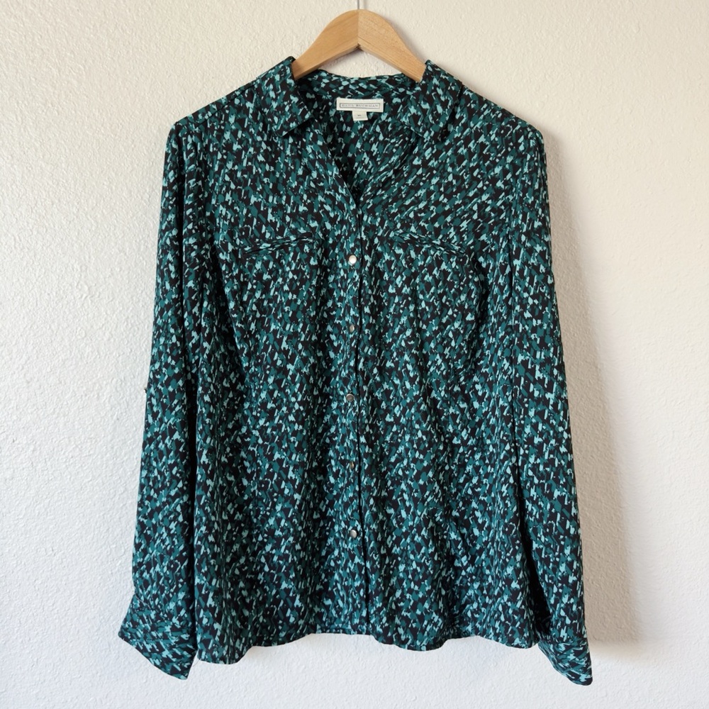 Dana Buchman Button Down Houndstooth Long Sleeve Dark Green Blouse size XL